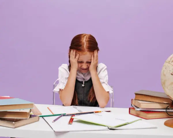 Une petite fille rousse, les mains sur la tête, semble dépassée par ses devoirs. La scène évoque les défis de la réglementation du dortoir maternelle.