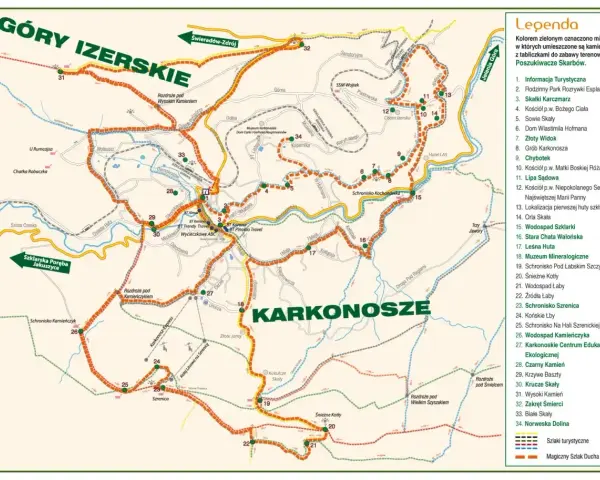 Mapa Karkonoszy i Gór Izerskich z zaznaczonym czerwonym szlakiem turystycznym prowadzącym na Szrenicę.