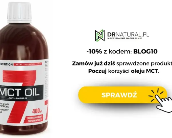 Butelka oleju MCT 100% naturalnego. Sprawdź korzyści, minimalizując potencjalne olej mct skutki uboczne. Zniżka -10% z kodem BLOG10.