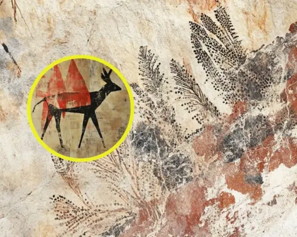 Detalles de diversos tipos de pinturas rupestres, incluyendo un ciervo estilizado en rojo y negro dentro de un círculo amarillo.