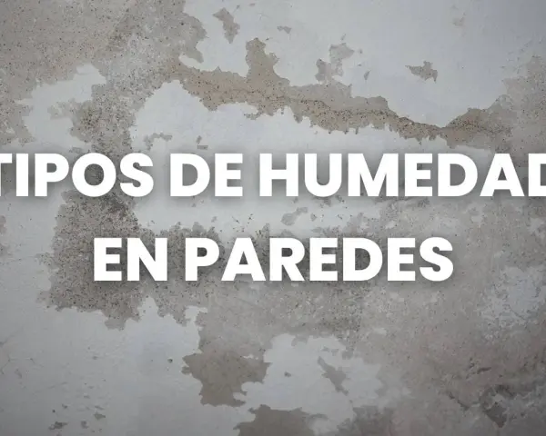 Texto blanco sobre pared con manchas de humedad: "TIPOS DE HUMEDAD EN PAREDES". Aprende cómo quitar humedad de la pared.