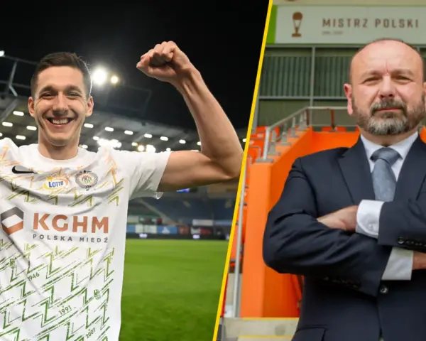 Piłkarz świętuje sukces, a obok niego prezes klubu, który może być liderem ekstraklasy.