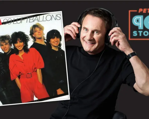Nenas Albumcover "99 Luftballons" und ein Mann mit Kopfhörern.