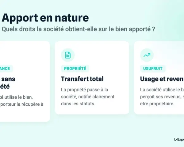 Illustration expliquant l'apport en nature : jouissance, propriété ou usufruit. Un exemple concret de droits sur un bien apporté.