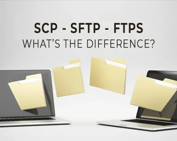 Dwa laptopy i foldery unoszące się w powietrzu, ilustrujące różnice między SCP, SFTP i FTPS.
