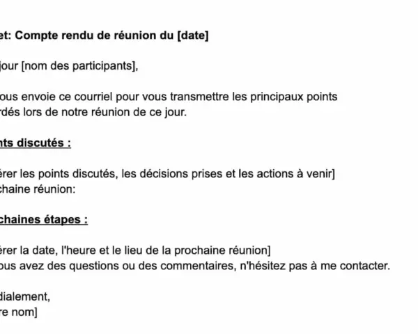 Un exemple de compte rendu synthétique de réunion, détaillant les points discutés, les décisions et les prochaines étapes.