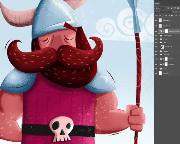 Ilustracja wikinga z brodą i czaszką na pasie, idealna do kursu ilustracji.