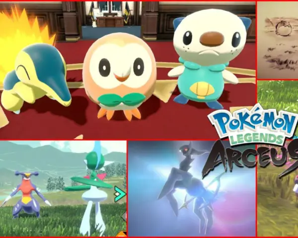 Cyndaquil, Rowlet y Oshawott, junto a Garchomp, Gallade y Arceus, en escenas de Pokémon Legends: Arceus, para una pokedex completa.
