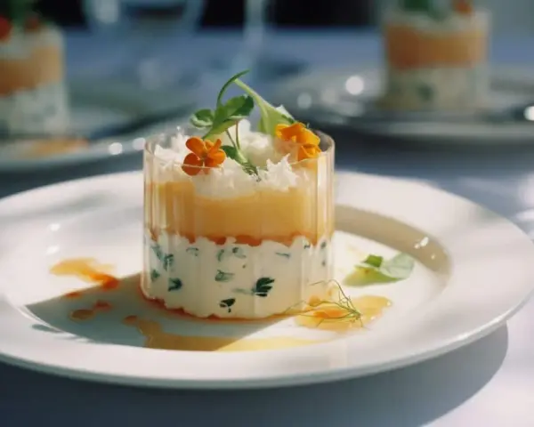Un amuse-gueule froid à faire la veille : un cylindre de couches crémeuses et fruitées, garni de fleurs comestibles et d'herbes fraîches. Parfait pour un apéritif élégant.