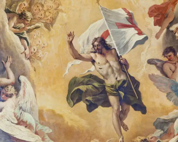 Zmartwychwstały Chrystus z chorągwią zwycięstwa, otoczony przez anioły. Obraz symbolizuje triumf nad śmiercią Jezusa.