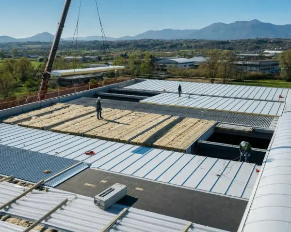 Operai installano pannelli isolanti su un tetto, riducendo il rumore. Un cantiere in corso con montagne sullo sfondo.
