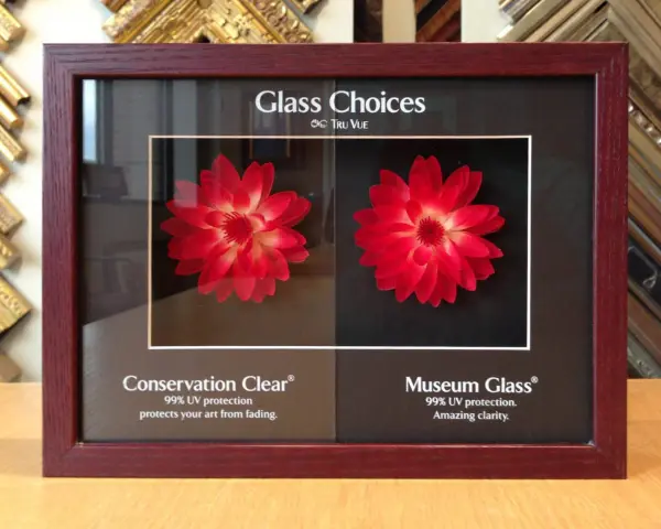 Comparing plexiglass vs glass frame options for art protection. The left shows Conservation Clear, the right Museum Glass, both with red flowers.