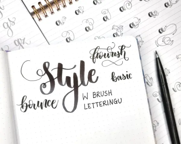 Ćwiczenia kaligraficzne: "Style", "bounce", "flourish", "basic" i litery w różnych wariantach kroju pisma.