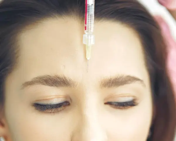 Una jeringa con aguja fina se acerca a la frente de una mujer, mostrando el procedimiento de **que es el botox** para suavizar arrugas.