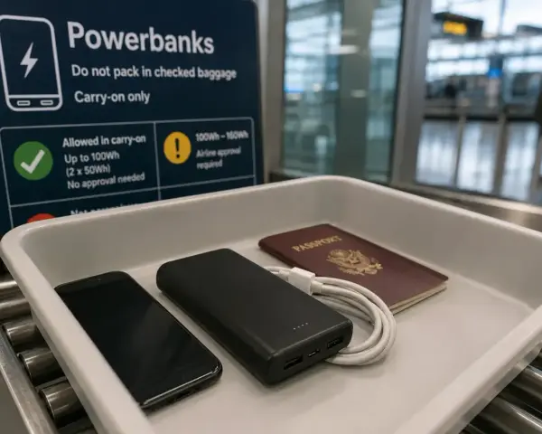 Na lotnisku, w tacce bezpieczeństwa leżą telefon, powerbank i paszport. Tablica informuje o limicie mocy powerbanków w bagażu podręcznym, np. dla Ryanair.