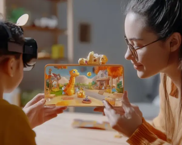 Pokolenie Alfa odkrywa wirtualny świat. Dziecko w goglach VR i mama patrzą na tablet z bajkową grą.
