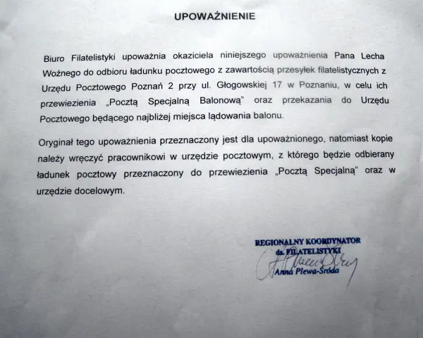 Upoważnienie pocztą dla Pana Lecha Woźnego do odbioru przesyłki filatelistycznej z Urzędu Pocztowego Poznań 2. Oryginał dla upoważnionego, kopie dla urzędów.