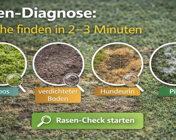 Rasen-Diagnose: Moos, verdichteter Boden, Hundeurin und Pilz sind Ursachen für dickes Gras im Rasen.
