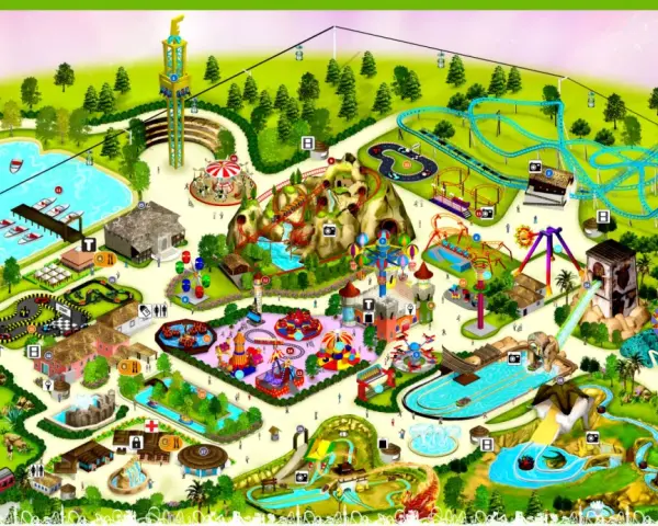 Isometric map of Etnaland theme park, showing rides, attractions, and themed areas like Prehistoria.