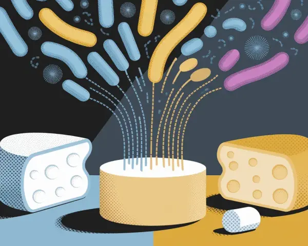 Des bactéries colorées s'échappent d'un cylindre, symbolisant la fermentation des fromages.