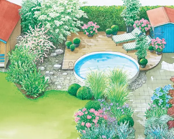 Traumhafte pool garten gestaltungsideen: Ein runder Pool auf Holzdeck, Liegestühle, blühende Sträucher und ein gepflegter Rasen laden zum Entspannen ein.