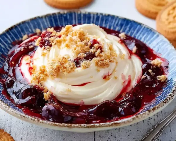 Ein edler Nachtisch: Cremiges Dessert mit Kirschkompott und Keksbröseln in einer blauen Schale, daneben Butterkekse.