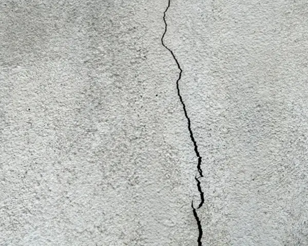 En spricka löper vertikalt över en grov, grå yta, som kan vara en husgrund som behöver putsa.