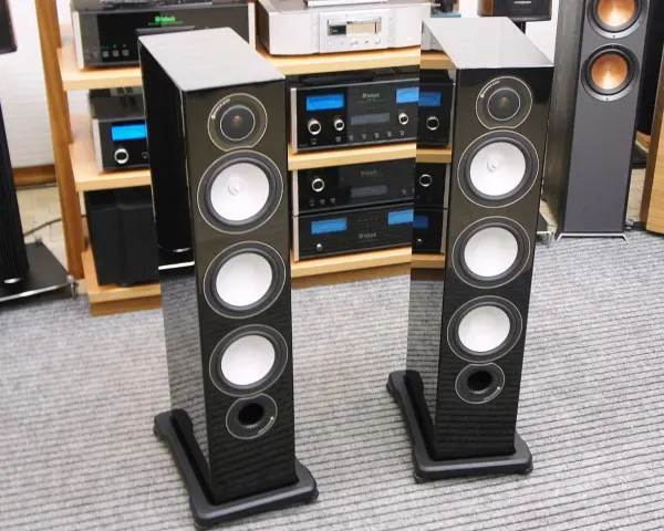 Dwie eleganckie kolumny głośnikowe Monitor Audio RX8 w czarnym połysku, stojące na szarym dywanie, obok sprzętu audio.