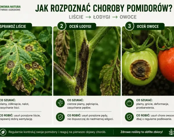 Objawy chorób pomidorów: plamy na liściach, ciemne zmiany na łodygach i gnijące owoce. Szybka reakcja zapobiega rozprzestrzenianiu się chorób.
