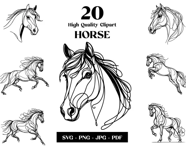 Zestaw eleganckich koników do rysowania w stylu line art. Idealne do projektów graficznych i ozdób.