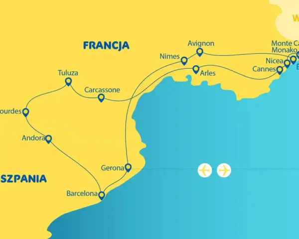 Mapa turystyczna Francji i Hiszpanii, pokazująca trasę przez miasta nad Morzem Śródziemnym, od Barcelony po Monako.