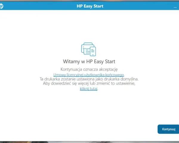 Ekran powitalny HP Easy Start do instalacji drukarki HP LaserJet P1102. Kliknij "Kontynuuj" aby zaakceptować warunki.