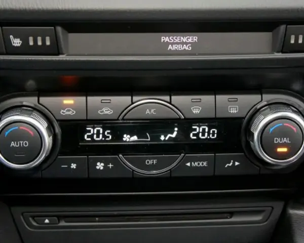 Panel sterowania klimatyzacją w samochodzie, z pokrętłami AUTO i DUAL, wyświetlaczem temperatury 20.5°C i ikonami nawiewu. Idealny do ozonowania klimatyzacji.