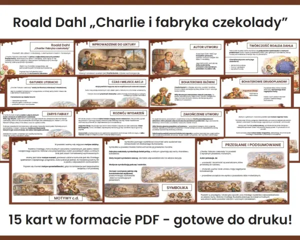 Charlie i fabryka czekolady: karty pracy z motywami, symboliką i podsumowaniem powieści Roalda Dahla.