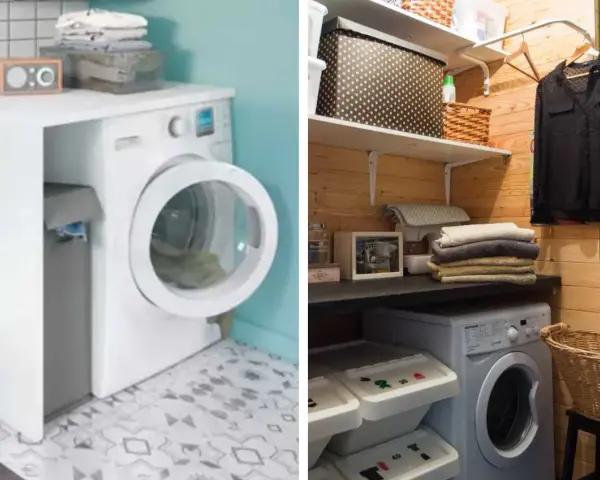Idées pour aménager une petite buanderie : machine à laver, paniers à linge, étagères et rangements astucieux.