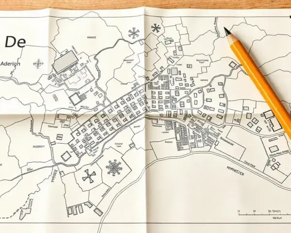 Mapa zasadnicza działki z zaznaczonymi budynkami, polami i rzeką. Obok leży żółty ołówek.