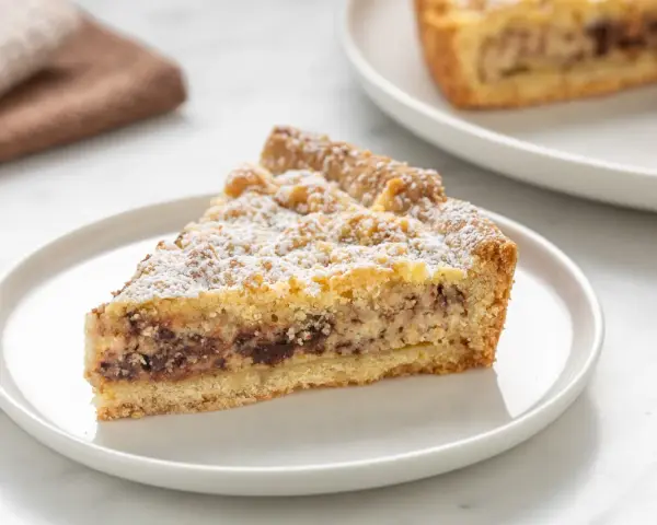 Una fetta di torta ricotta e cioccolato cosparsa di zucchero a velo su un piatto bianco.