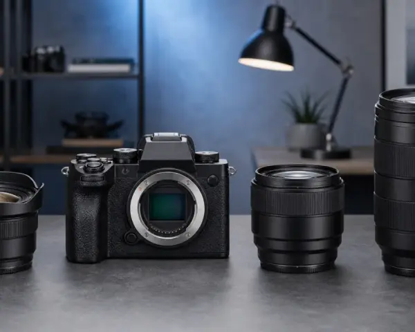 Appareil photo noir avec trois objectifs, prêt pour capturer des moments. La mise au point est essentielle, comme une respiration profonde.
