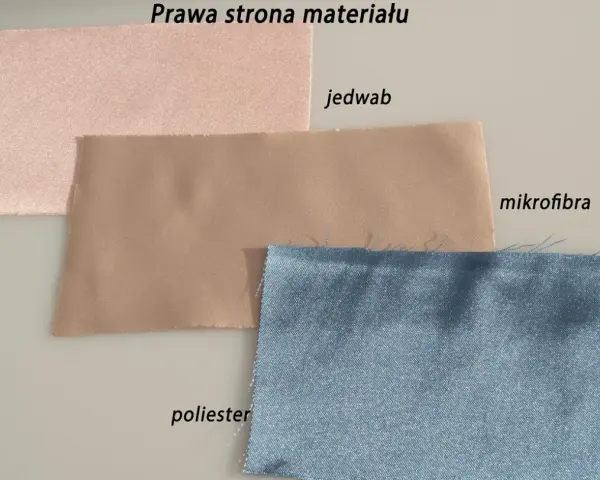 Trzy próbki materiałów: różowy jedwab, beżowa mikrofibra i niebieski poliester. Prawa strona materiału.