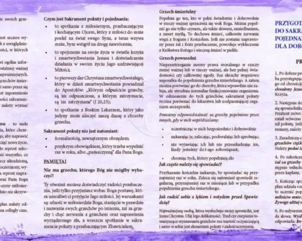 Formuła spowiedzi dla dorosłego: szczere wyznanie grzechów Bogu przez kapłana, by naprawić zło i rozpocząć nowe życie.