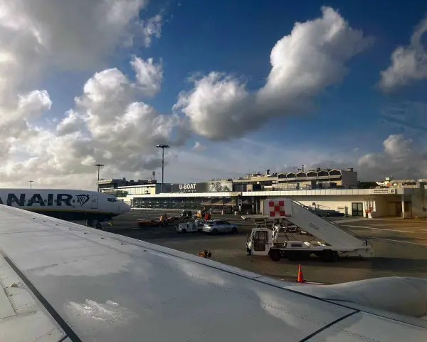 Pisa International Airport, the closest airport to Cinque Terre, with a Ryanair plane on the tarmac.