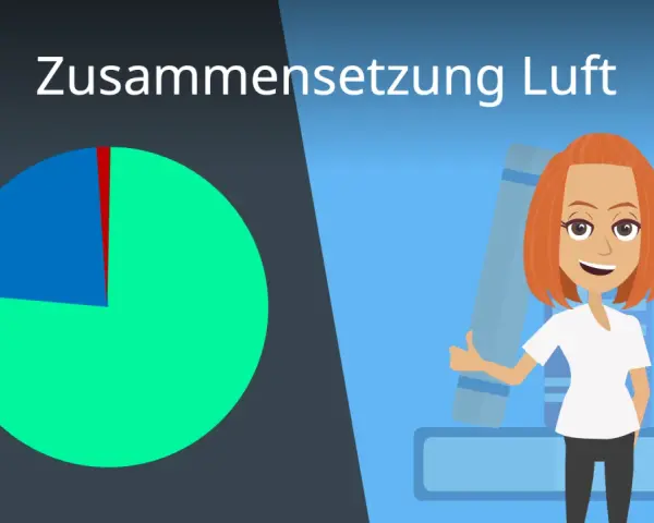 Diagramm zeigt Luftzusammensetzung. Ein großer Teil ist grün, ein kleinerer blau, und ein winziger roter Sektor. Eine Frau mit roten Haaren steht vor Ordnern. Der grüne Teil repräsentiert Stickstoff, der blaue **Sauerstoff**.