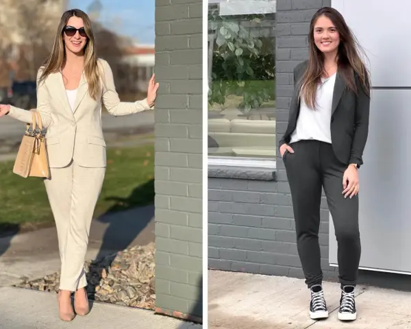 Due donne mostrano un outfit con blazer: una in beige con tacchi, l'altra in grigio scuro con sneakers.