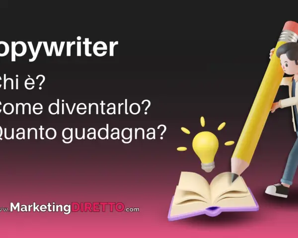 Scopri quanto guadagna un copywriter, chi è e come diventarlo. Un personaggio con una matita gigante scrive su un libro aperto, con una lampadina accesa.