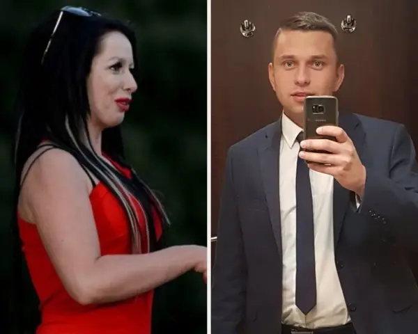 Krzysztof rolnik szuka żony. Obok niego kobieta w czerwonej sukience.