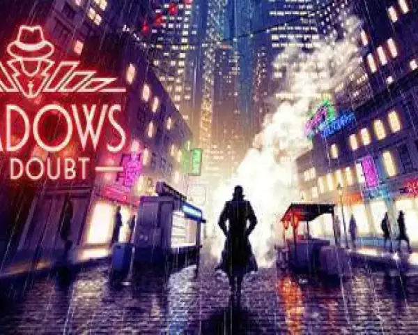 Un detective solitario camina bajo la lluvia en una ciudad nocturna iluminada por neones. El logo de Shadows of Doubt PS4 se cierne sobre la escena.