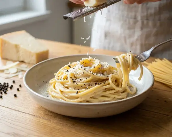 Un plato de cacio e pepe cremoso, con queso rallado cayendo sobre los espaguetis y granos de pimienta negra.