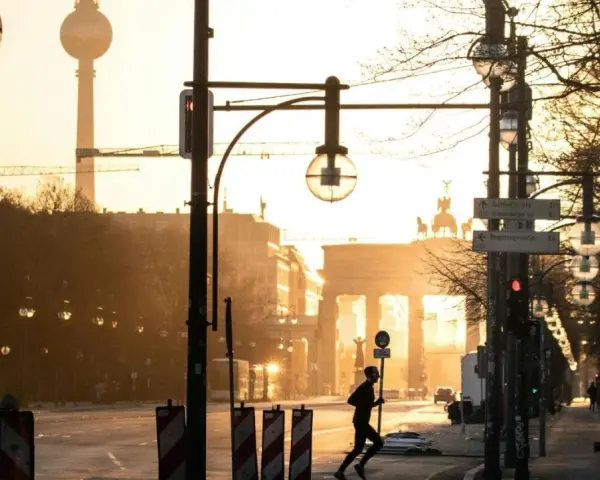 A lone runner passes the Brandenburg Gate at sunrise. This iconic Berlin landmark is a must-see, no matter how many days in Berlin you have.