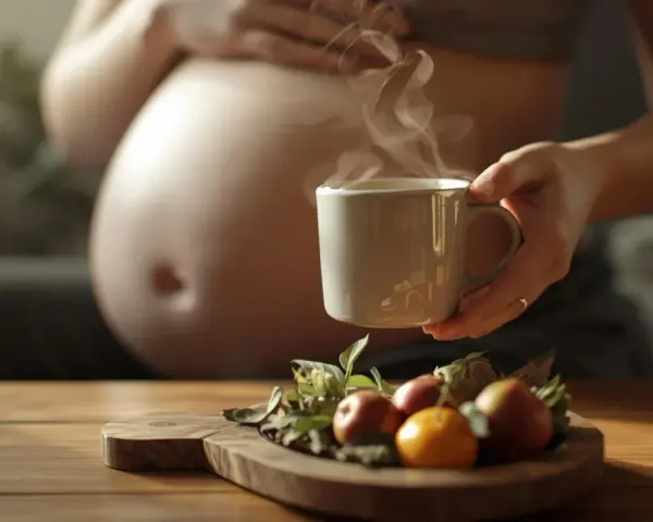 Ciepła herbata w ciąży, parująca z kubka, obok owoców na desce. Chwila spokoju dla przyszłej mamy.