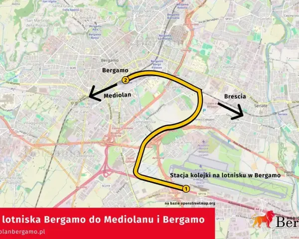 Mapa pokazuje trasę kolejową z lotniska Bergamo do Mediolanu i Bergamo.